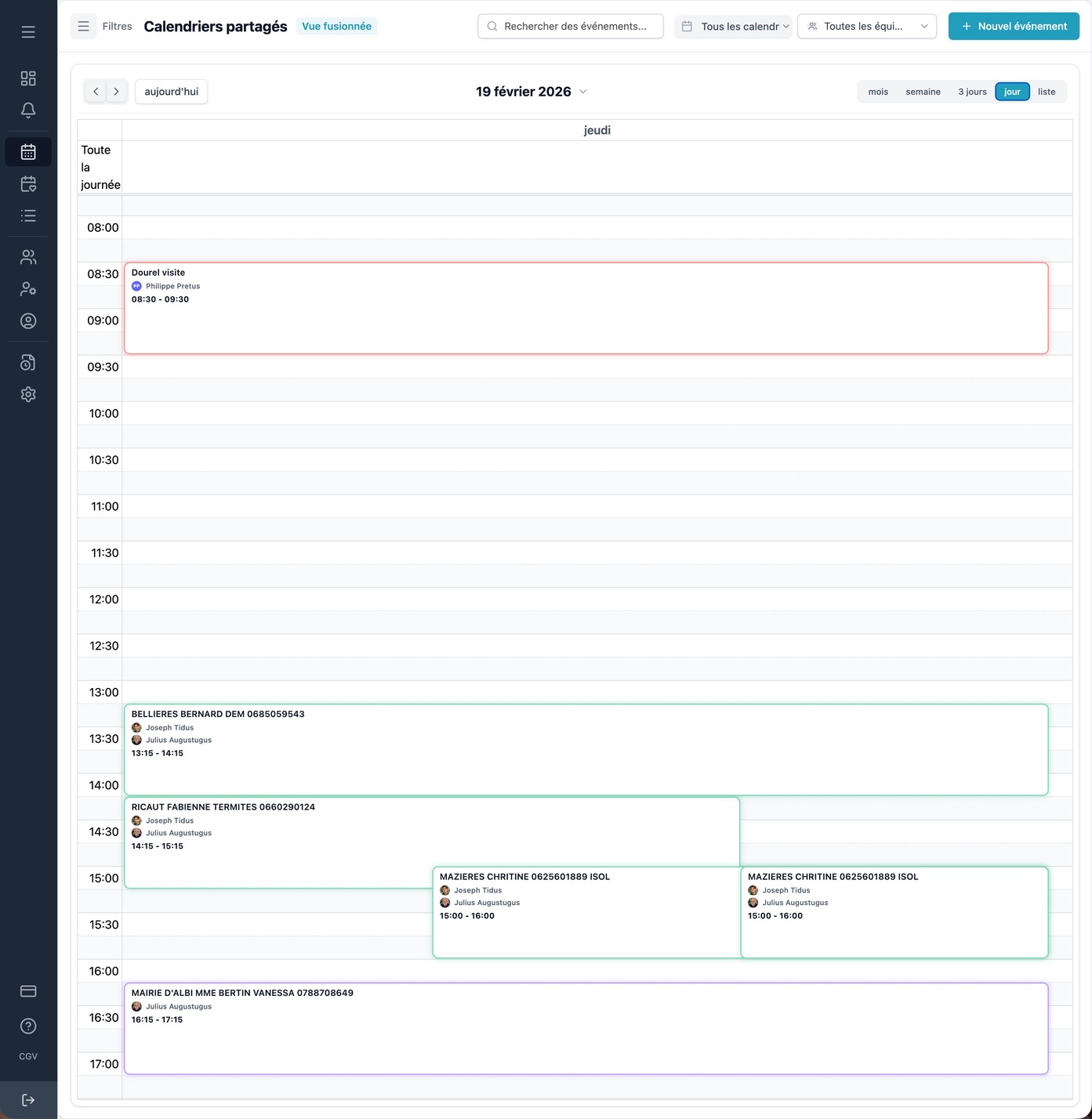 Vue jour du calendrier d'équipe