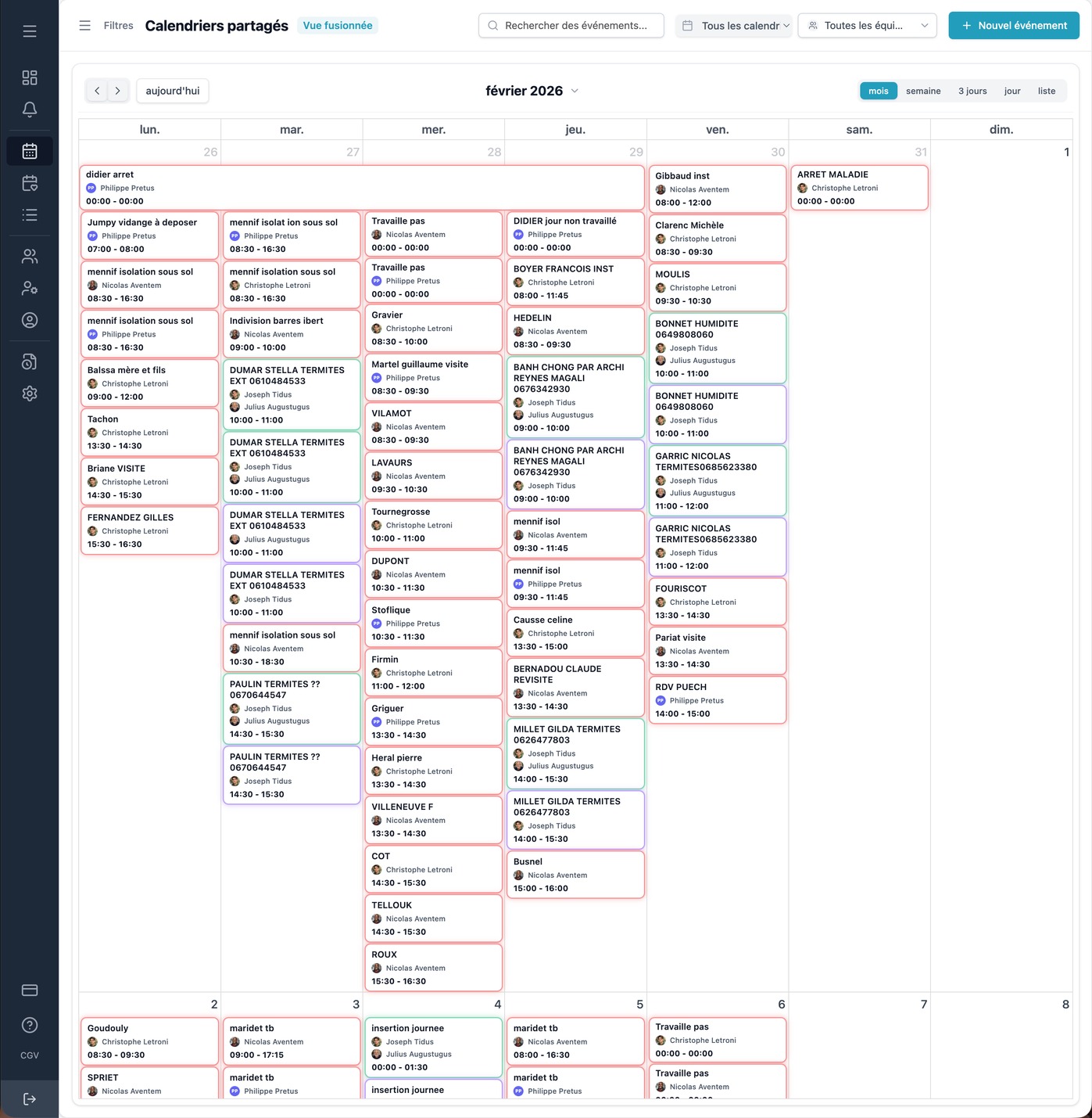 Vue mois du calendrier d'équipe