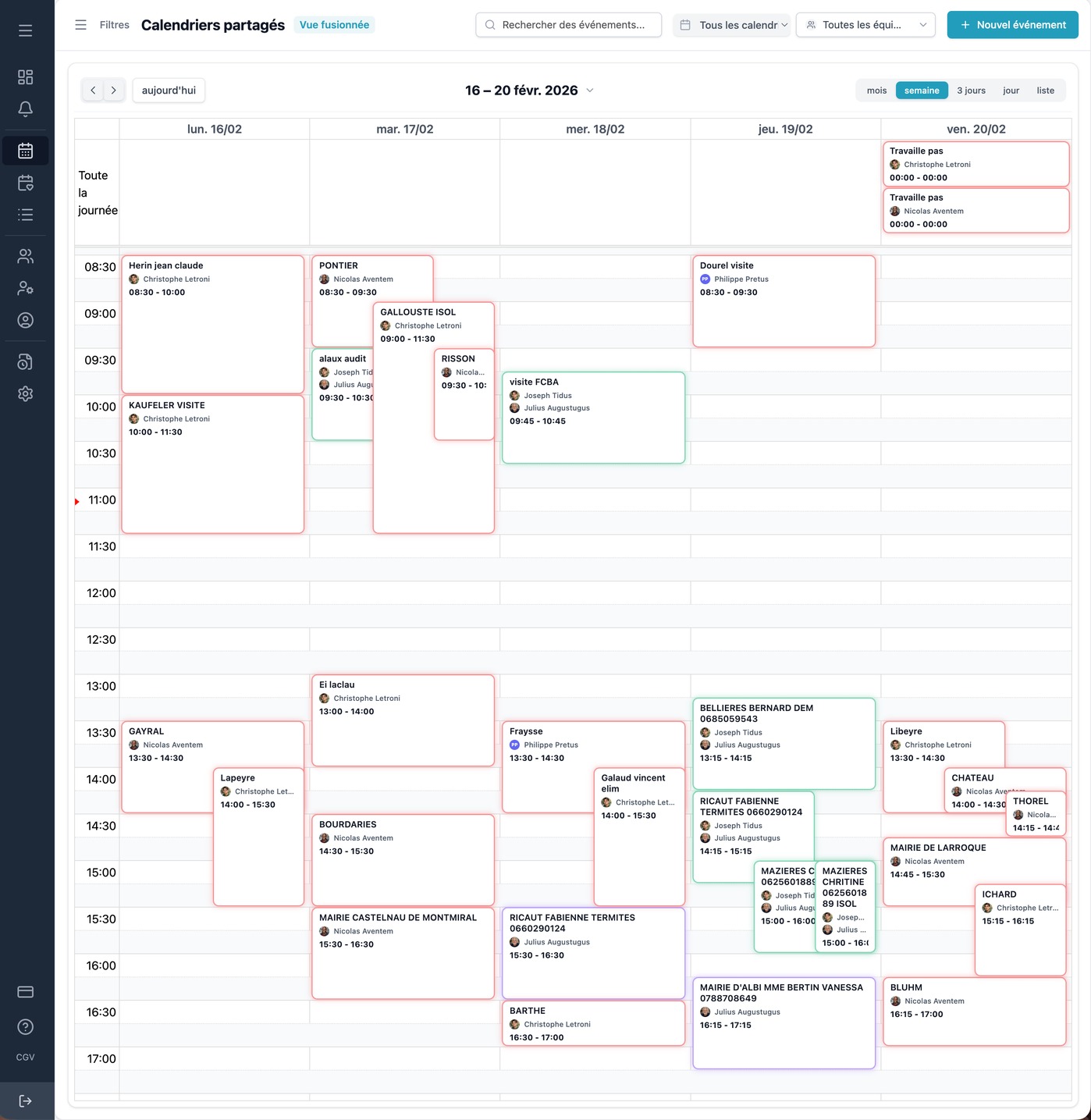 Vue 3 jours du calendrier d'équipe
